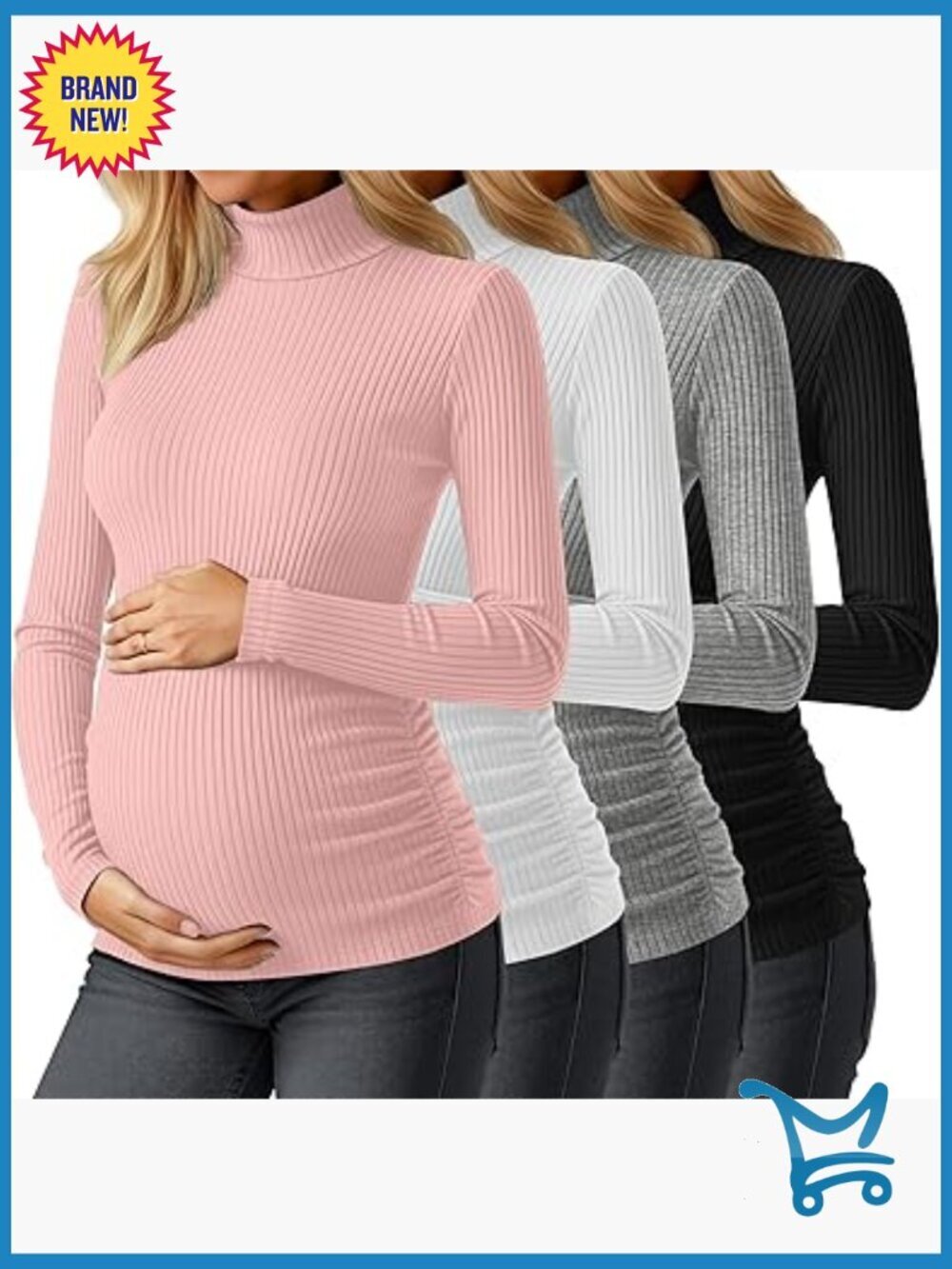 4 Pk Maternity Turtleneck Shirts Ribbed Long Sleeve Side Ruched Tops